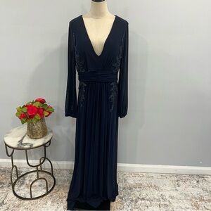 Betsy & Adam Navy Blue Embellished Beaded Sides Long Sleeves Evening Gown FLAWED
